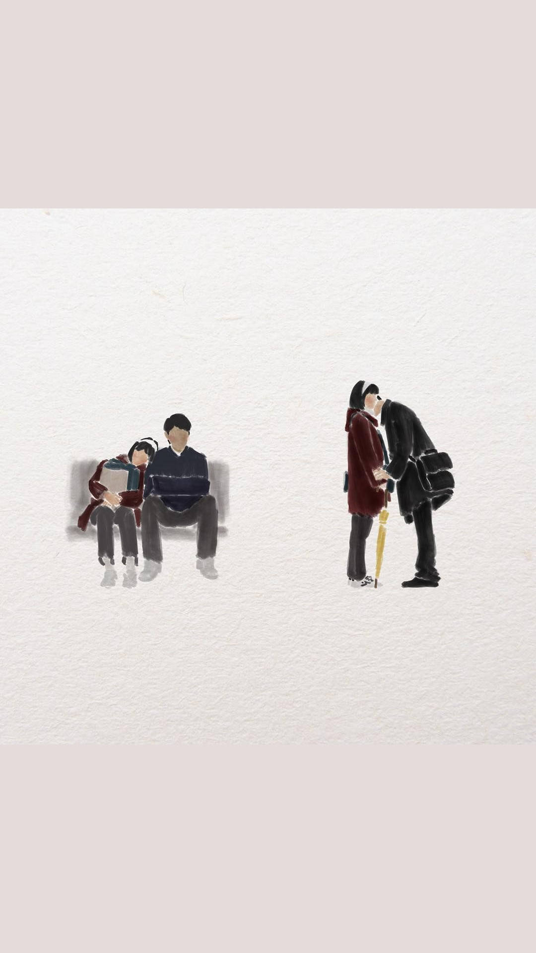 Reply 1988 桌布 壁紙 — 兩對情侶以極簡插畫風格描繪，一對坐在長椅上閱讀書籍，另一對站在有紋理的白色背景附近，手持雨傘。