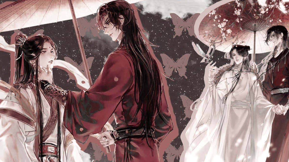 動漫 桌布 壁紙 — 兩對穿著傳統長袍的情侶在黑暗的天空下，於蝴蝶紛飛中手持華麗的陽傘。