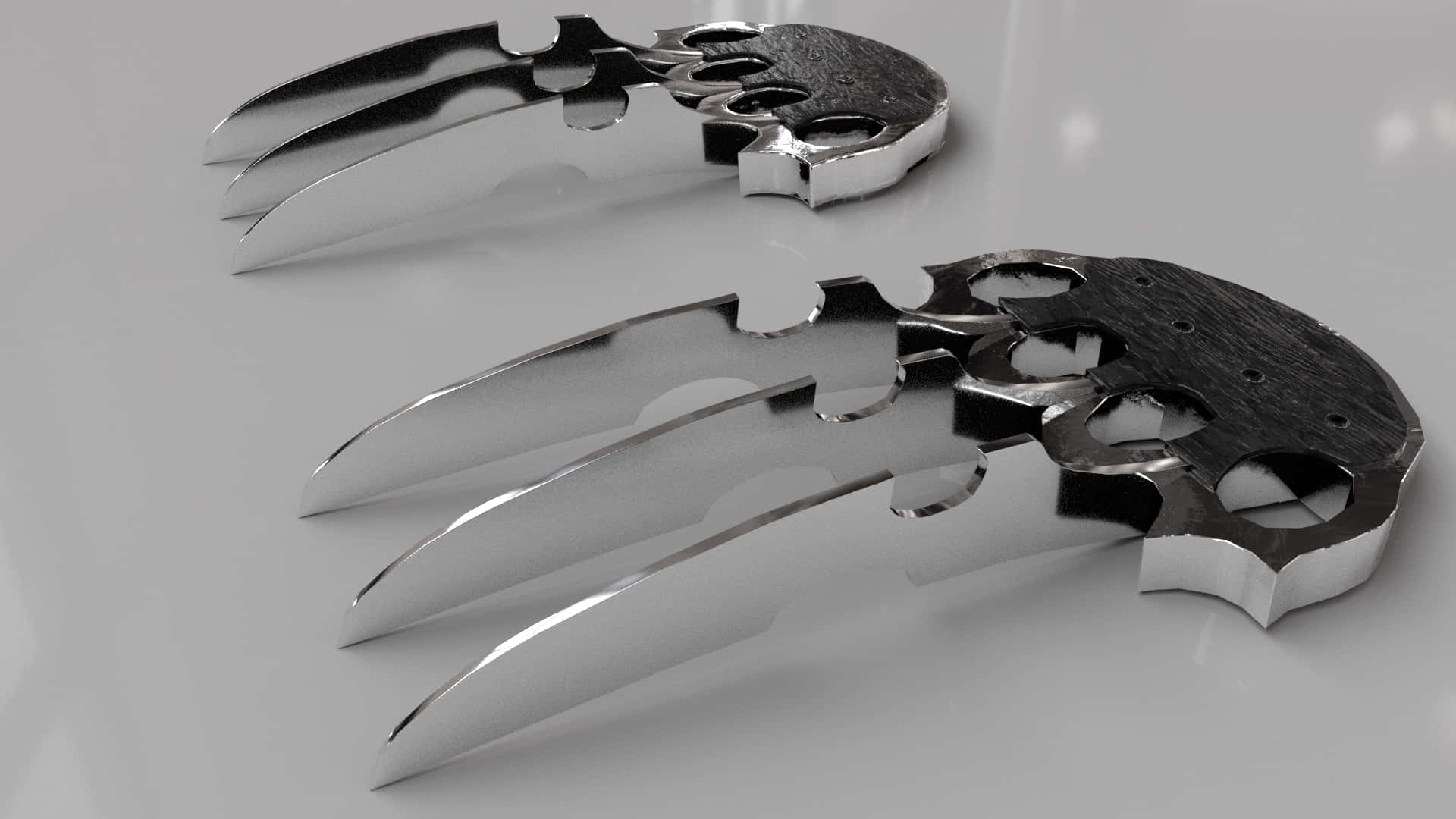 Panther Claws 桌布 壁紙 — 兩對閃亮的金屬亞德曼合金爪，帶有紋理握把，放置在反光的白色表面上。