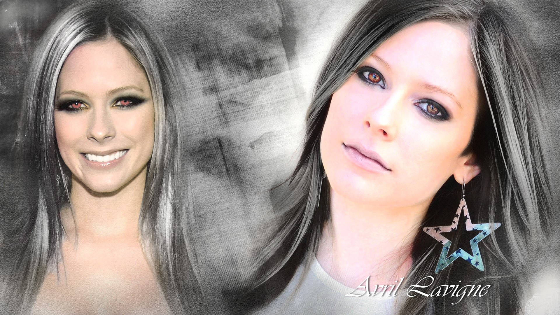 Avril 桌布 壁紙 — 兩幅 Avril Lavigne 的肖像，帶有煙燻眼妝和星星耳環，背景為紋理灰階。