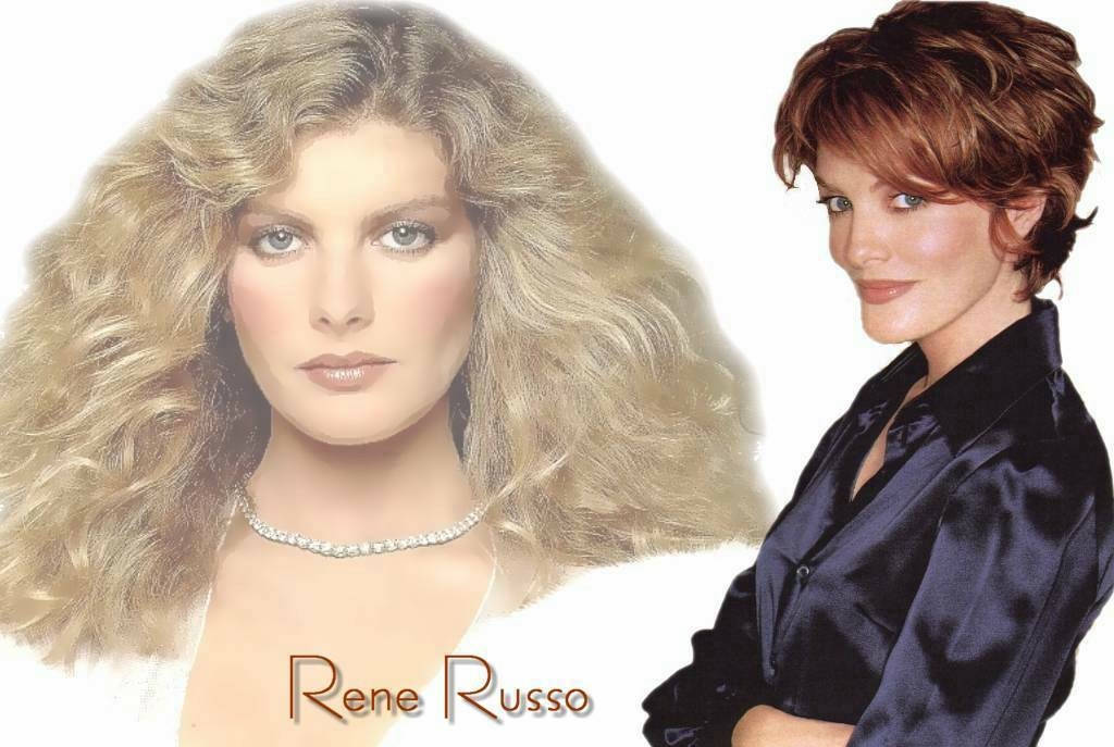模特兒 桌布 壁紙 — 兩幅 Rene Russo 的肖像，展現豐盈的金色捲髮和時尚的短赤褐色鮑伯頭，背景為潔淨的白色。