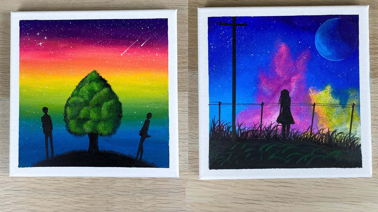 Beautiful Art 桌布 壁紙 — 兩幅充滿活力的畫作描繪了在色彩繽紛的星空下的剪影人物，一幅有樹，另一幅有籬笆和月亮。