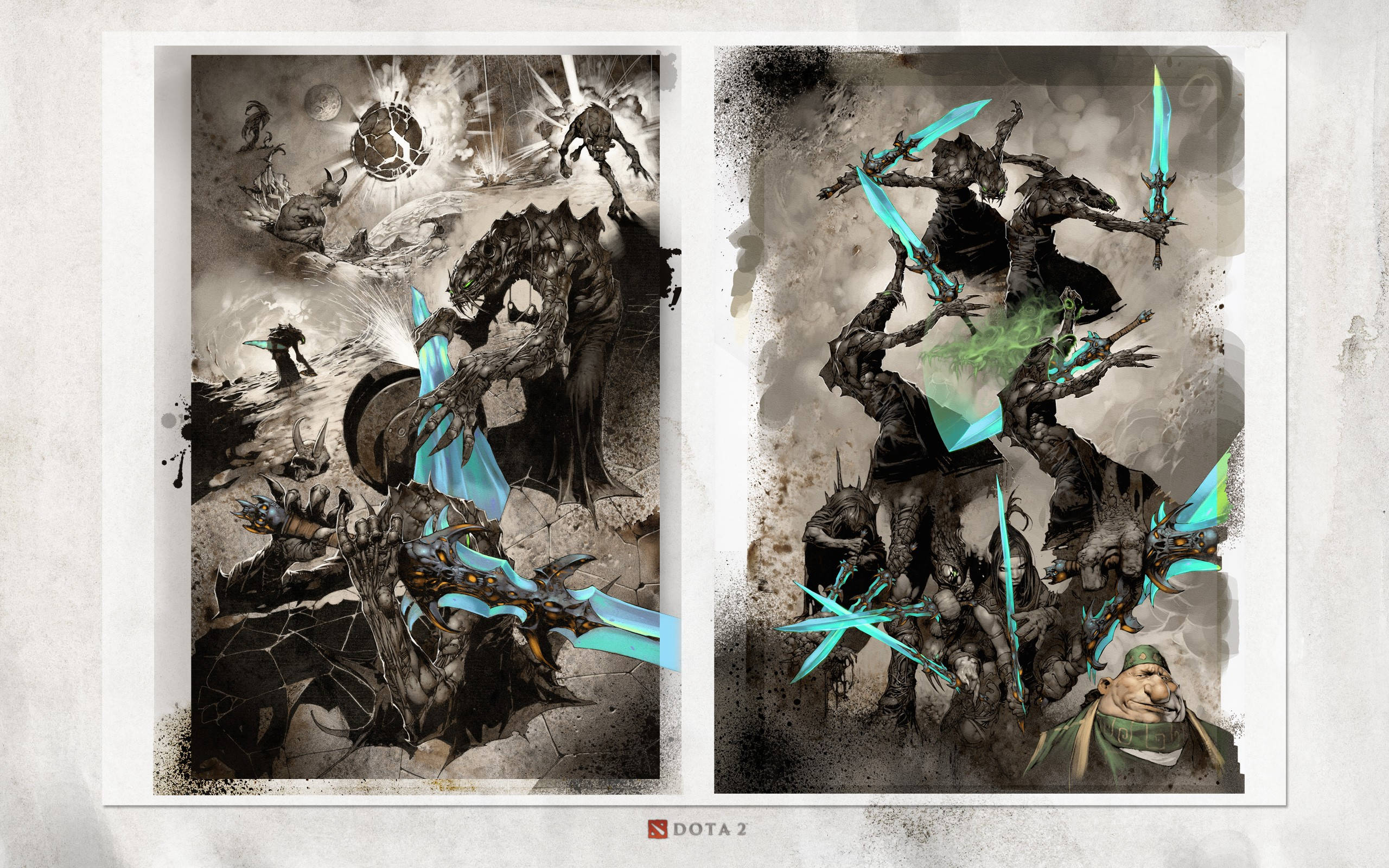 dota 2 4K 桌布 壁紙 — 兩幅動態Dota 2英雄插圖，描繪黑暗角色在粗糙的戰鬥背景中揮舞發光的青色刀刃。
