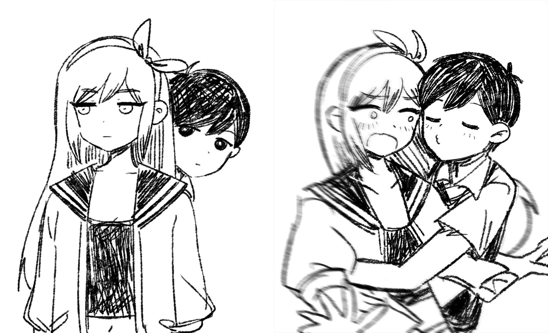 兩個穿著校服的動漫角色，一個分開站立，另一個溫暖地擁抱。 — Omori GIF 壁紙