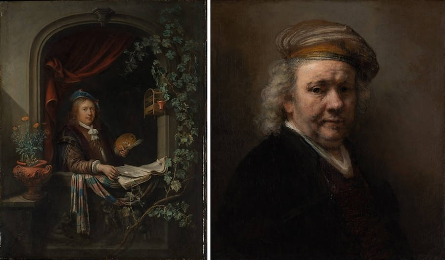 Rembrandt 桌布 壁紙 — 兩幅古典油畫肖像並排，一幅描繪一位年輕女子在窗邊，有常春藤和地球儀，另一幅描繪一位戴頭巾的男子，帶有柔和的光影對比照明。