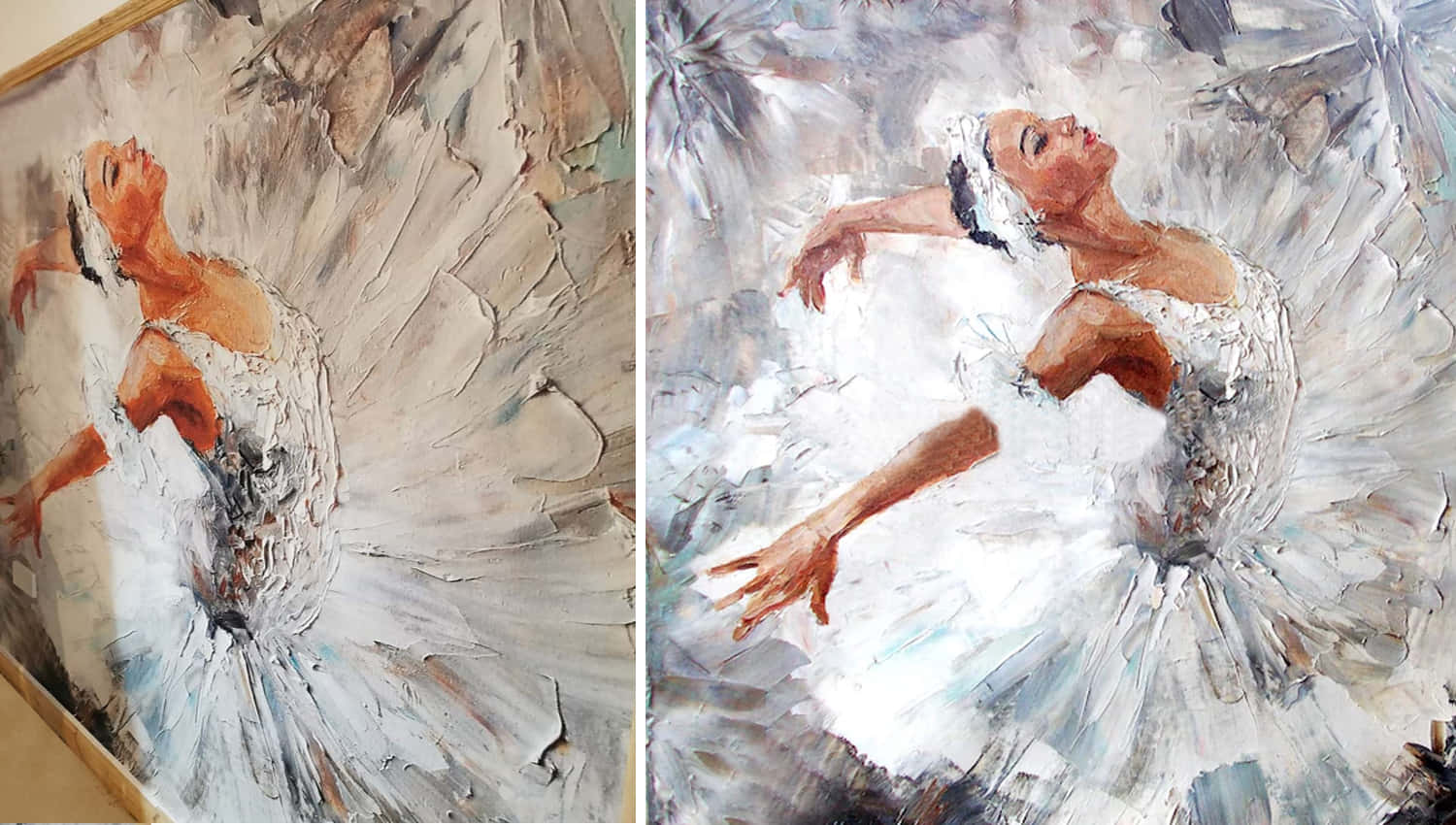 ballerina 桌布 壁紙 — 兩幅富有表現力的油畫描繪了芭蕾舞者以動態姿勢，帶有厚實紋理的筆觸和柔和柔和的色調。