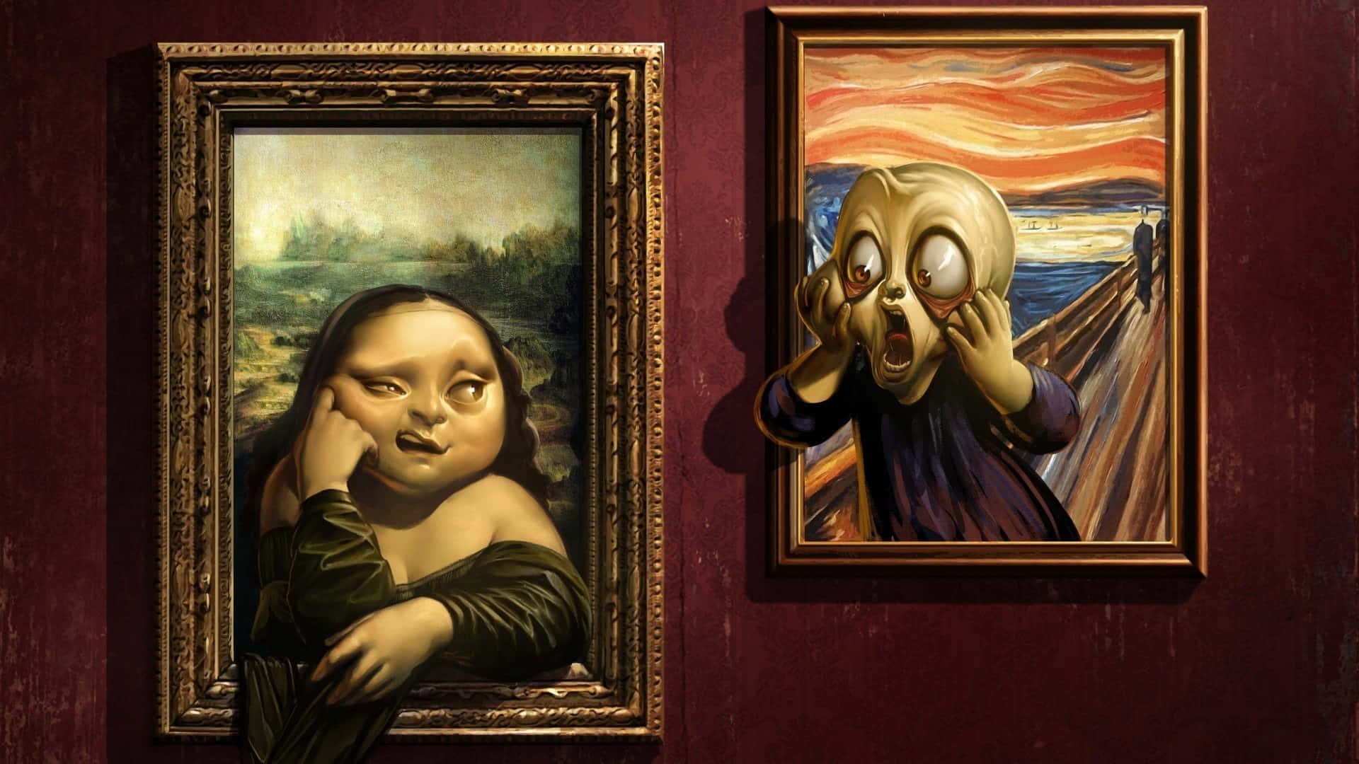 Mona Lisa 桌布 壁紙 — 兩幅怪誕的卡通風格畫作並排掛在深紅色牆上，一幅惡搞蒙娜麗莎，另一幅惡搞吶喊，兩幅都有誇張的恐懼表情。