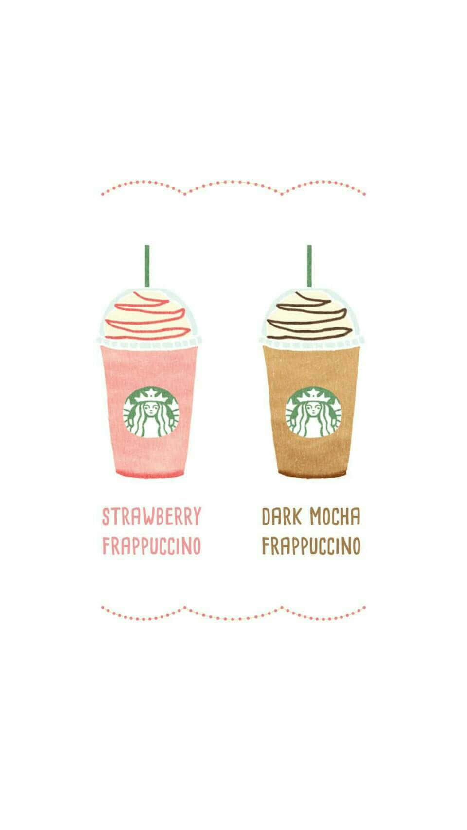 Aesthetic Starbucks 桌布 壁紙 — 兩幅插圖風格的星巴克星冰樂，一杯粉紅色草莓味，一杯棕色黑巧克力摩卡味，上面有鮮奶油和漩渦裝飾。