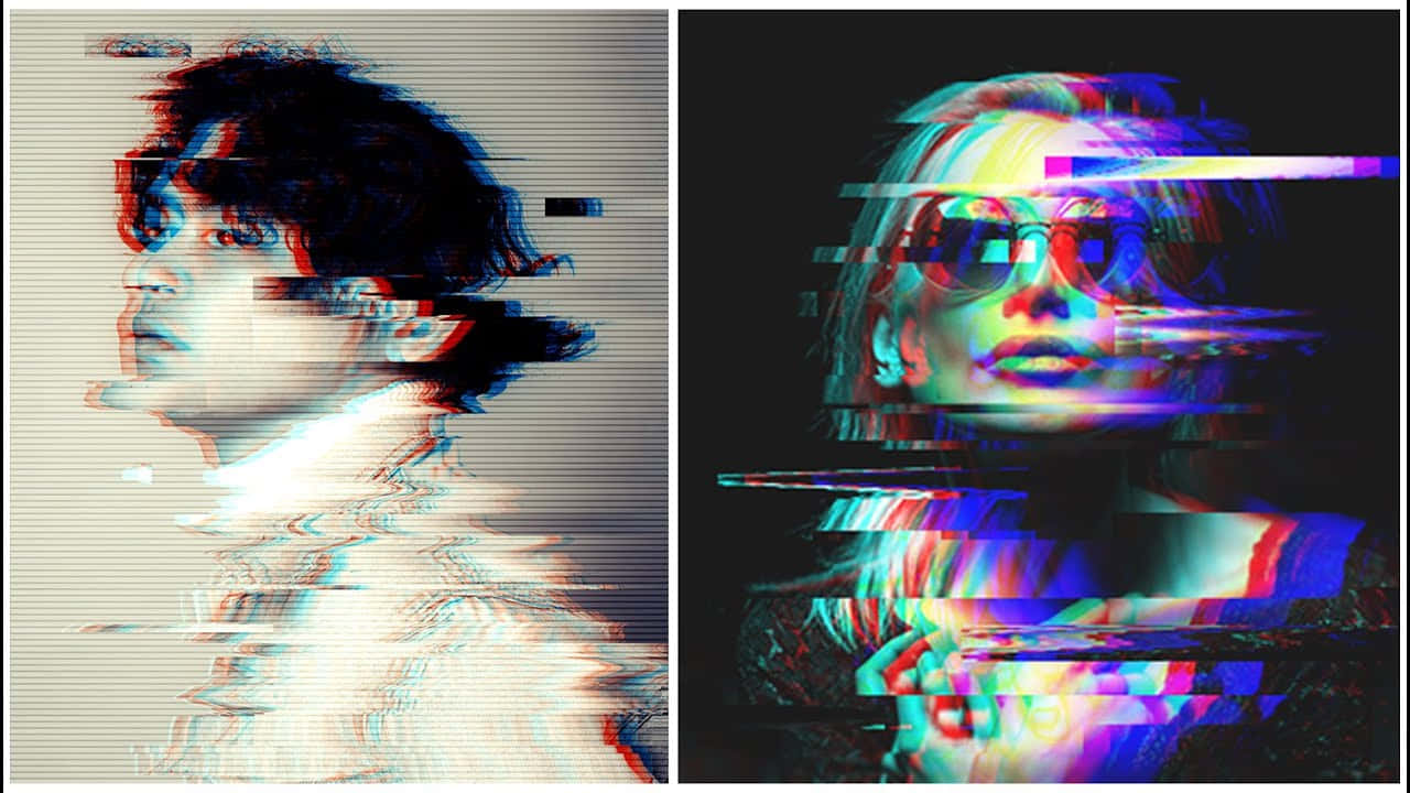 故障 桌布 壁紙 — 兩幅故障藝術肖像，一男一女，帶有扭曲的數位效果和鮮豔的色彩邊緣。