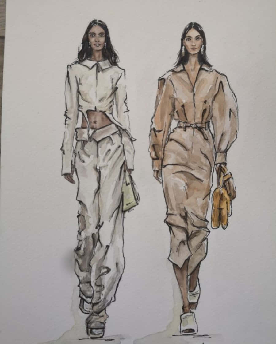 設計 桌布 壁紙 — 兩幅時尚草圖，描繪穿著大地色系服裝、自信地拿著手提包行走的女性。