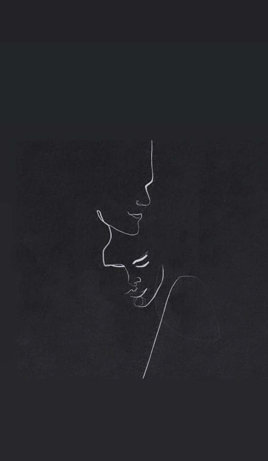 Black Couple 桌布 壁紙 — 兩幅極簡白色線條畫，描繪側面臉龐在深色紋理背景上親吻。