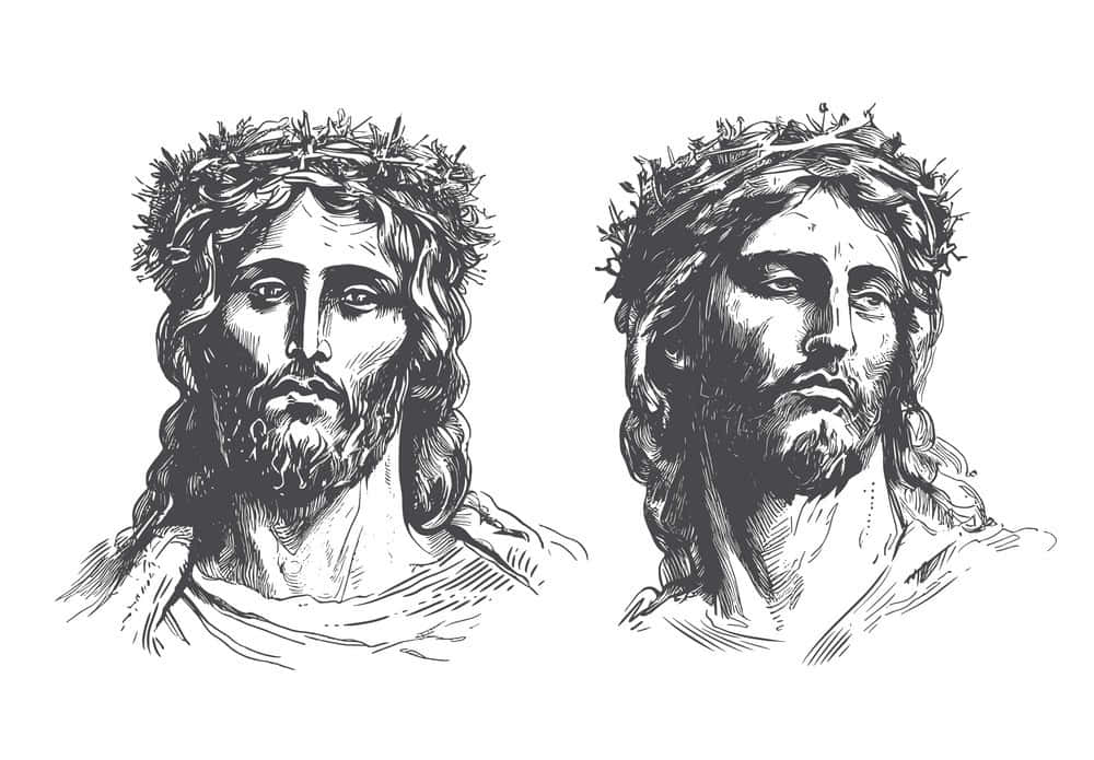 Jesus Crown Of Thorns 桌布 壁紙 — 兩幅詳細的黑白素描，描繪耶穌基督戴著荊棘冠冕，表情莊嚴肅穆。