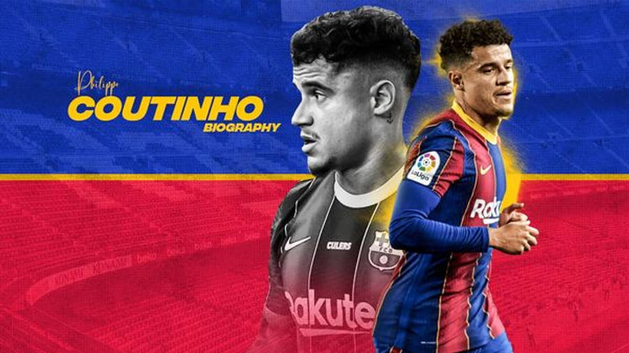 Philippe Coutinho 桌布 壁紙 — 兩幅足球員菲利普·庫蒂尼奧的肖像，身穿對比強烈的黑色和藍色球衣，背景為大膽的紅色和藍色，並附有他的名字和傳記文字。