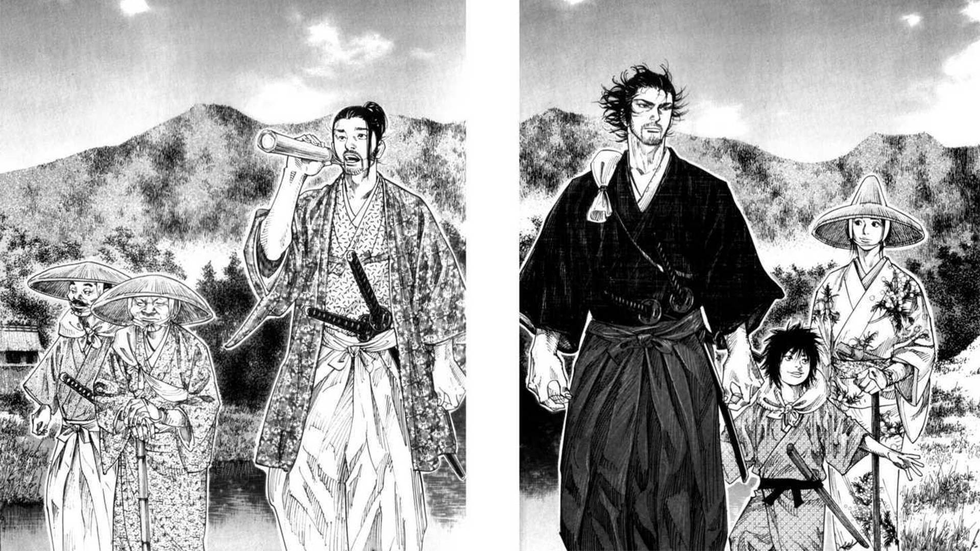 Vagabond 桌布 壁紙 — 兩幅黑白漫畫面板，描繪了武士及其同伴在山地景觀中的場景，線條細緻，表情豐富。
