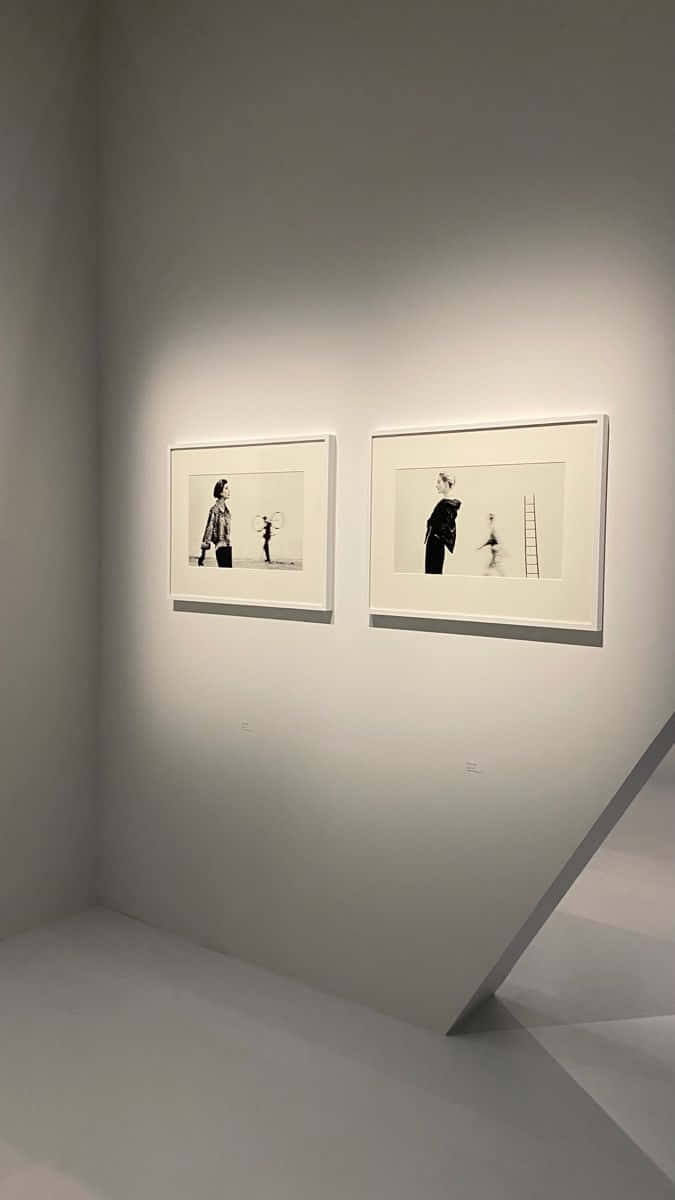Minimalist Photography 桌布 壁紙 — 兩幅黑白照片裱框掛在由射燈照亮的簡約白色畫廊牆上。