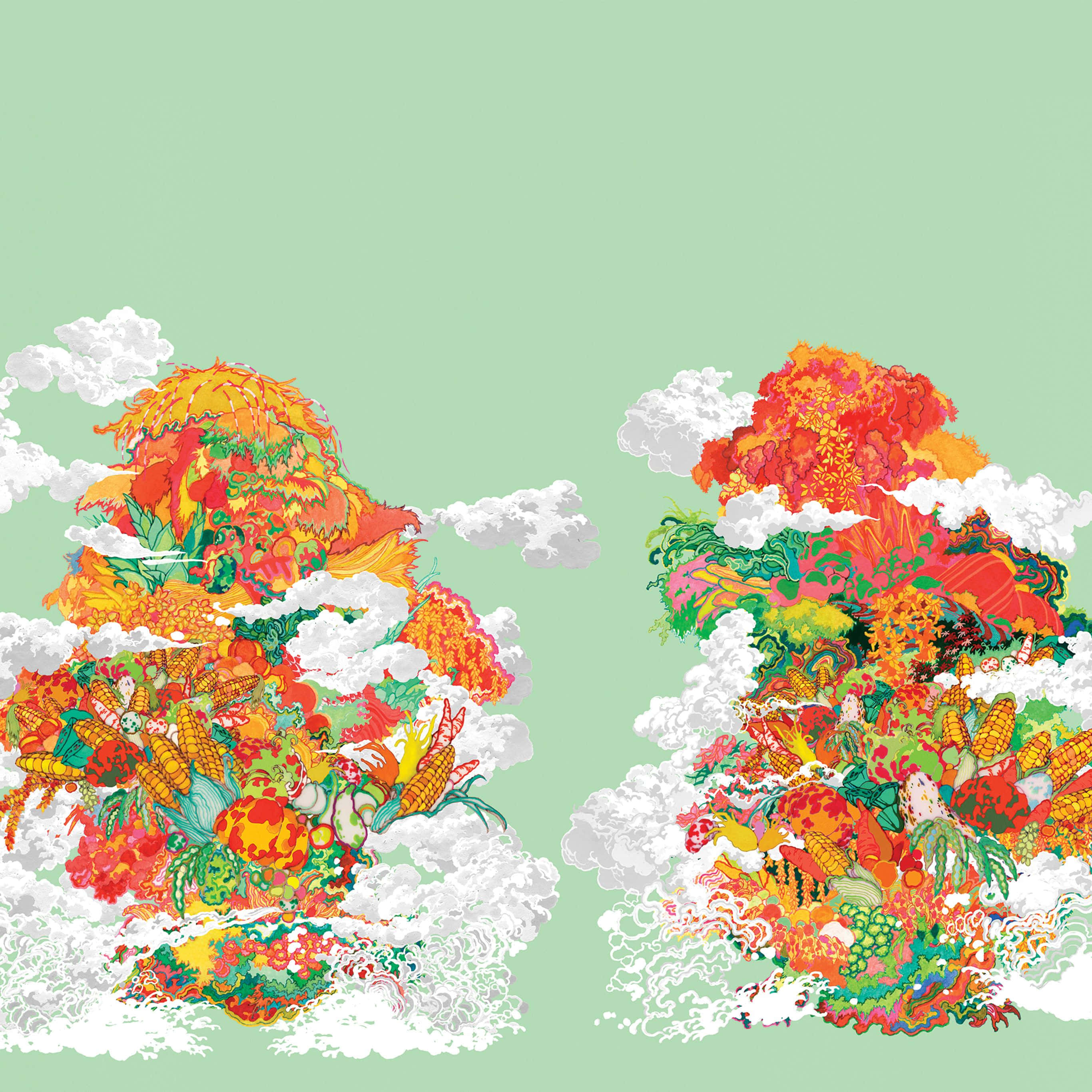 Chinese New Year 2022 桌布 壁紙 — 兩座充滿活力的插圖山脈，充滿色彩繽紛的水果、蔬菜和玉米，被蓬鬆的雲朵環繞，背景是薄荷綠的天空。