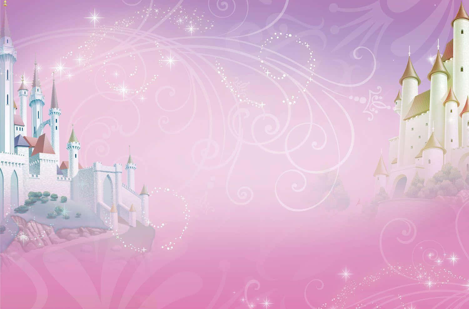 Princess 桌布 壁紙 — 兩座奇幻城堡漂浮在夢幻般的粉紅色天空中，點綴著閃閃發光的漩渦和閃爍的星星。