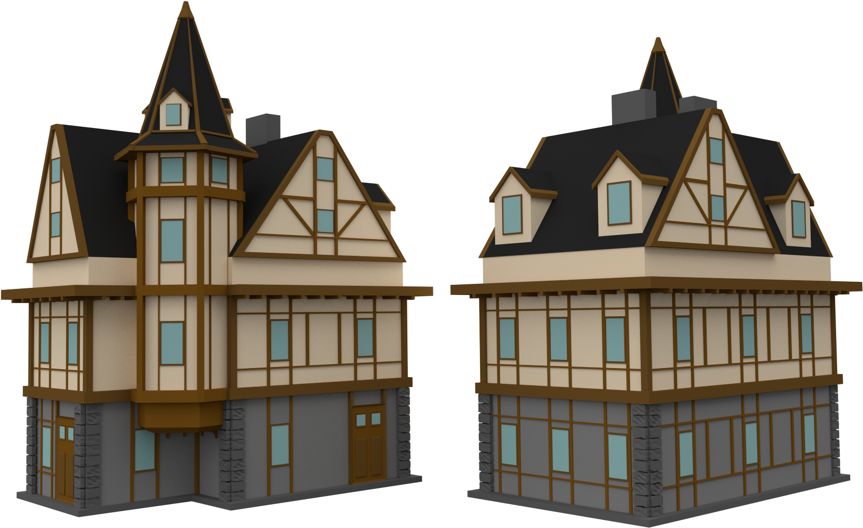 Building 桌布 壁紙 — 兩座對稱的都鐸風格房屋，黑色屋頂和米色牆壁，並排立在黑色背景上。