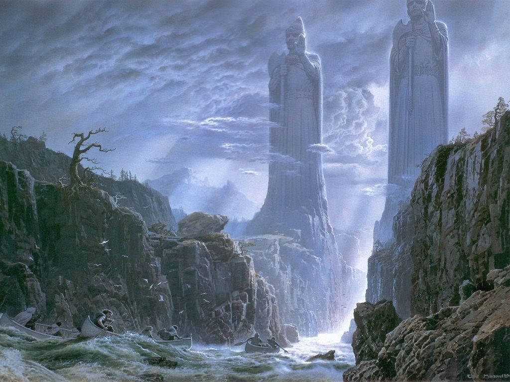 魔戒 桌布 壁紙 — 兩座巨大的石像從暴風雨的峽谷中升起，划艇在下方洶湧的水域中航行。