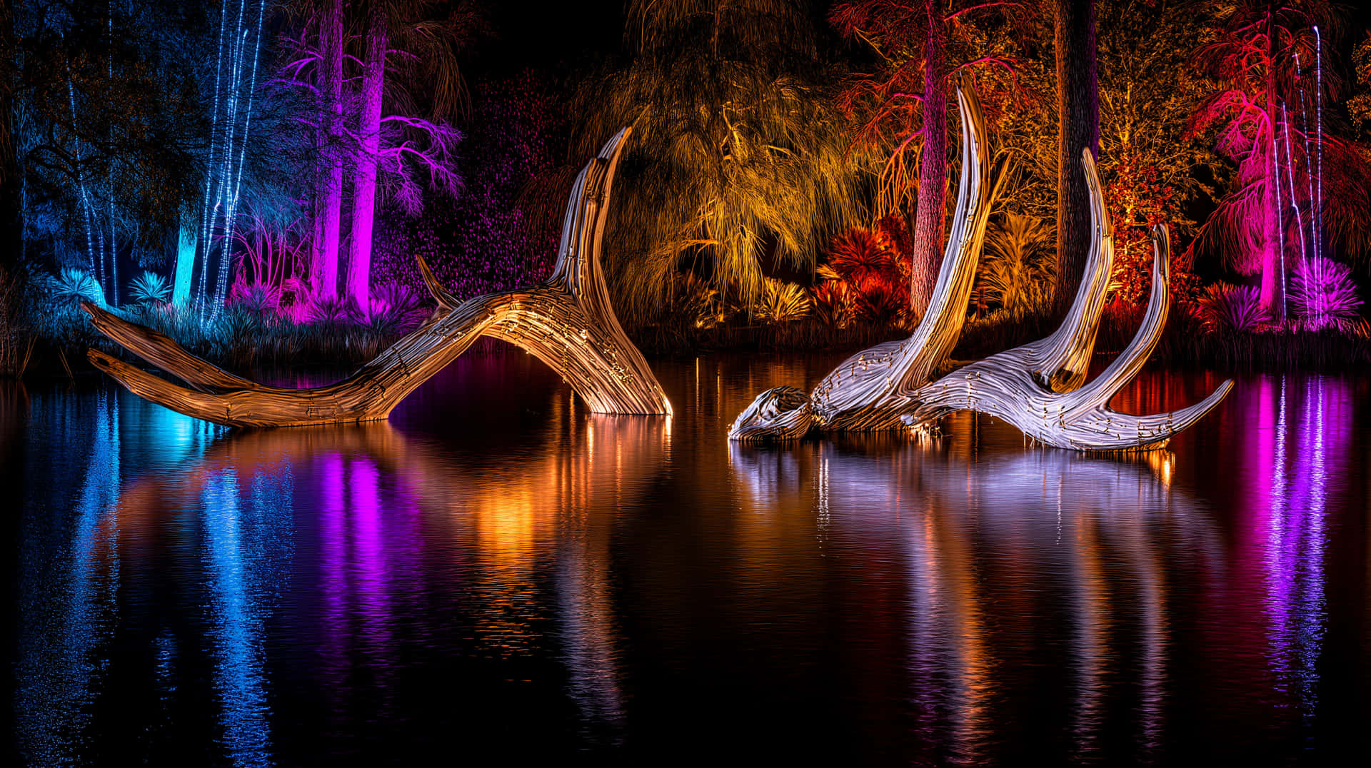 Colorful Illuminated Driftwood Art Reflected in Dark Pond 壁紙 — 兩座巨大的鹿角狀漂流木雕塑從黑暗的水中浮現，水面反射著周圍樹木的霓虹紫色和橙色燈光。