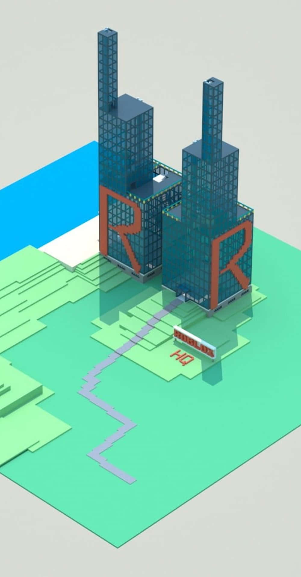 電玩遊戲 桌布 壁紙 — 兩座玻璃摩天大樓的等距3D渲染，帶有紅色「R」標誌和「HQ」標牌，位於風格化的綠色和藍色城市街區上。