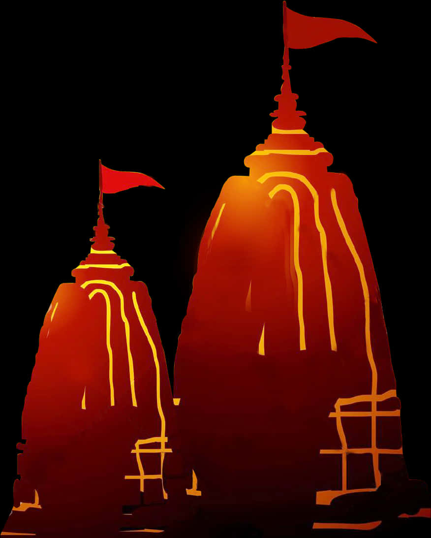 Hindu Temple 桌布 壁紙 — 兩座發光的橙色寺廟尖塔，頂著紅旗，在黑色背景上以金色光芒勾勒出輪廓。
