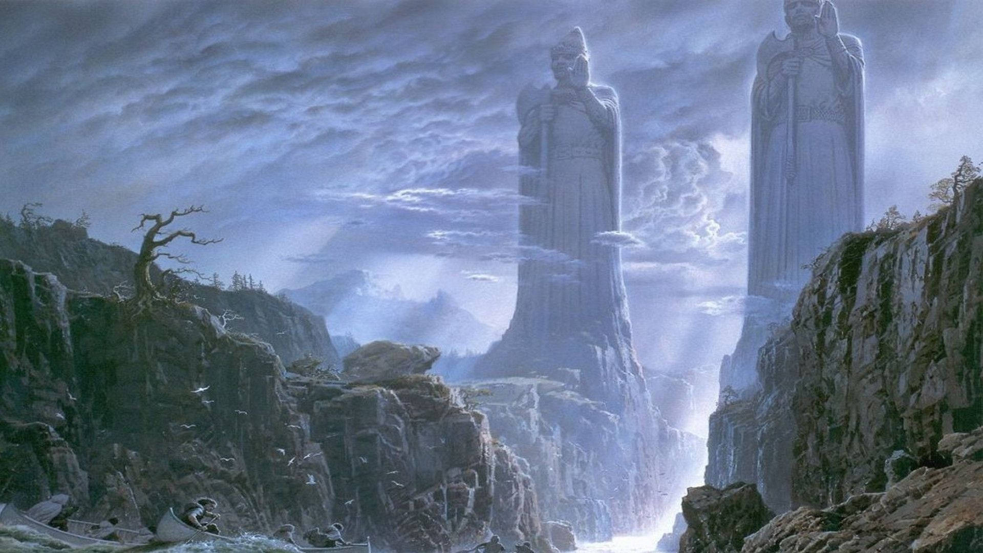 Lotr 桌布 壁紙 — 兩座穿著長袍的巨大石像在霧氣籠罩的山峽中站崗，天空風暴密佈。