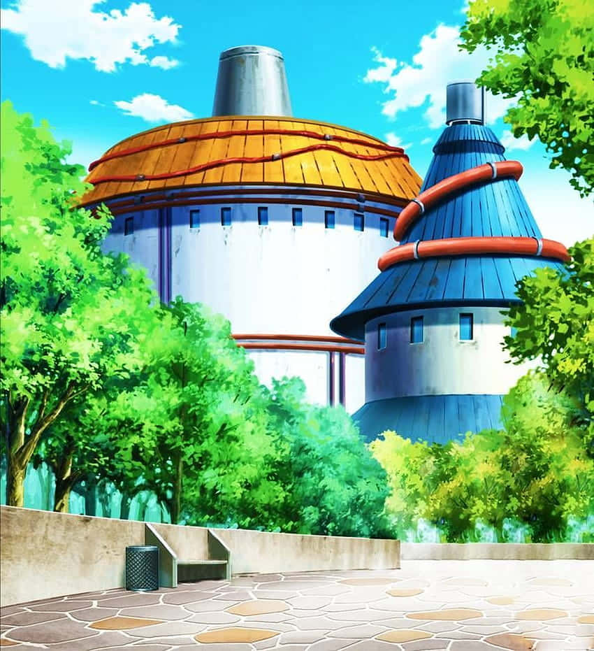 Konoha 桌布 壁紙 — 兩座色彩繽紛的圓柱形建築，分別有橙色和藍色屋頂，矗立在茂密的綠樹之中，天空湛藍。