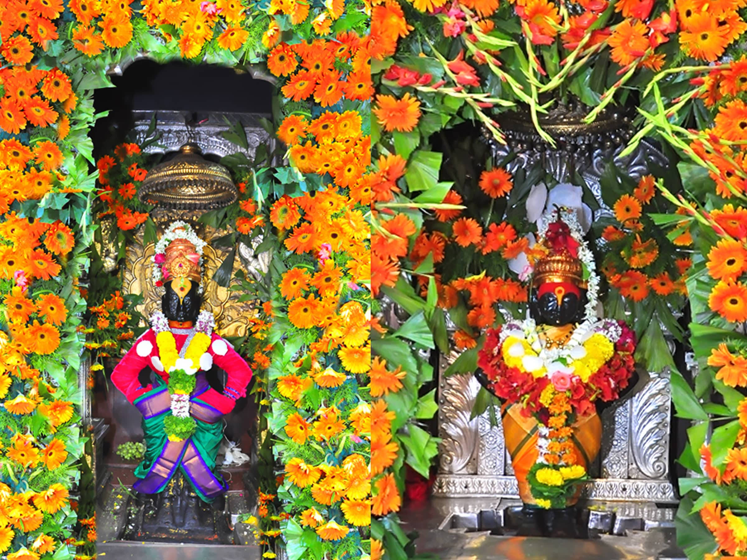 Hindu Temple 桌布 壁紙 — 兩座華麗的印度教神像，飾以鮮豔的橙色非洲菊雛菊和綠色葉子，矗立在寺廟聖殿中。
