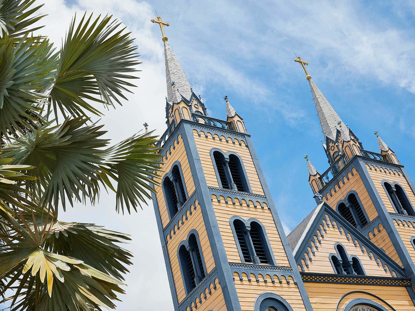 Catholic 桌布 壁紙 — 兩座裝飾華麗的教堂尖塔，頂端有金色十字架，刺穿由茂密綠色棕櫚葉框住的明亮藍天。