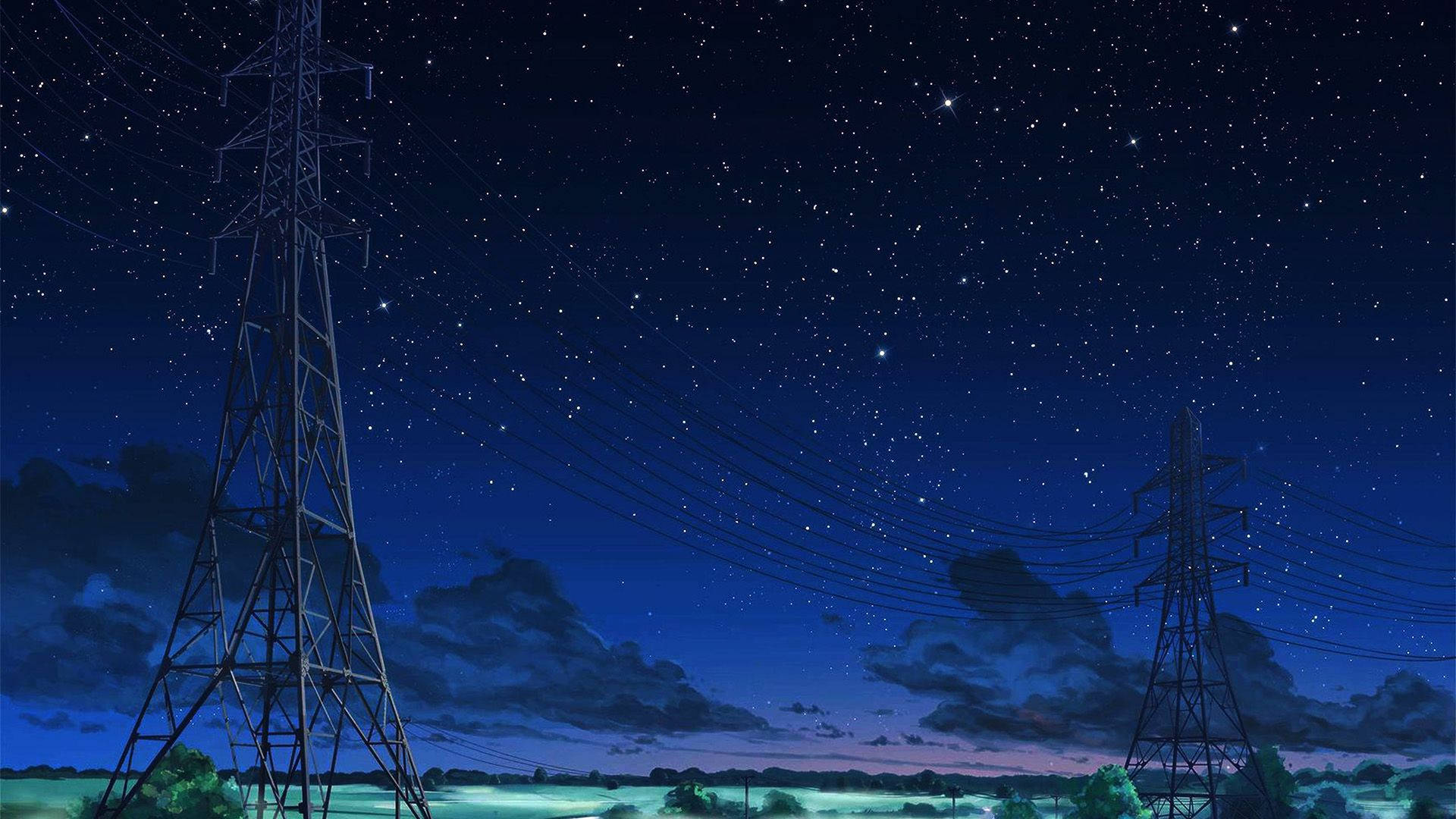 夜空 桌布 壁紙 — 兩座電塔矗立在星空夜空下，伴隨著烏雲和下方發光的綠色田野。