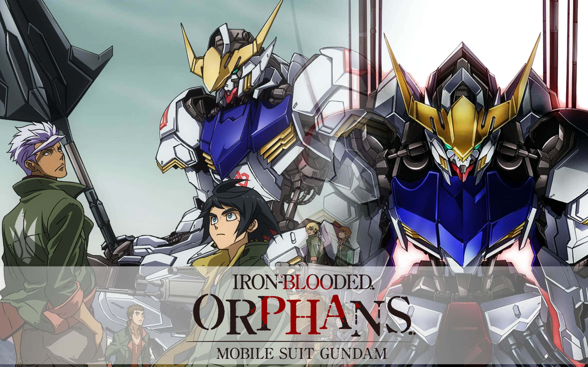 Mobile Suit Gundam Iron-blooded Orphans 桌布 壁紙 — 兩座高聳的藍色和金色機動戰士在陰雲密佈的天空下與駕駛員一起準備就緒。