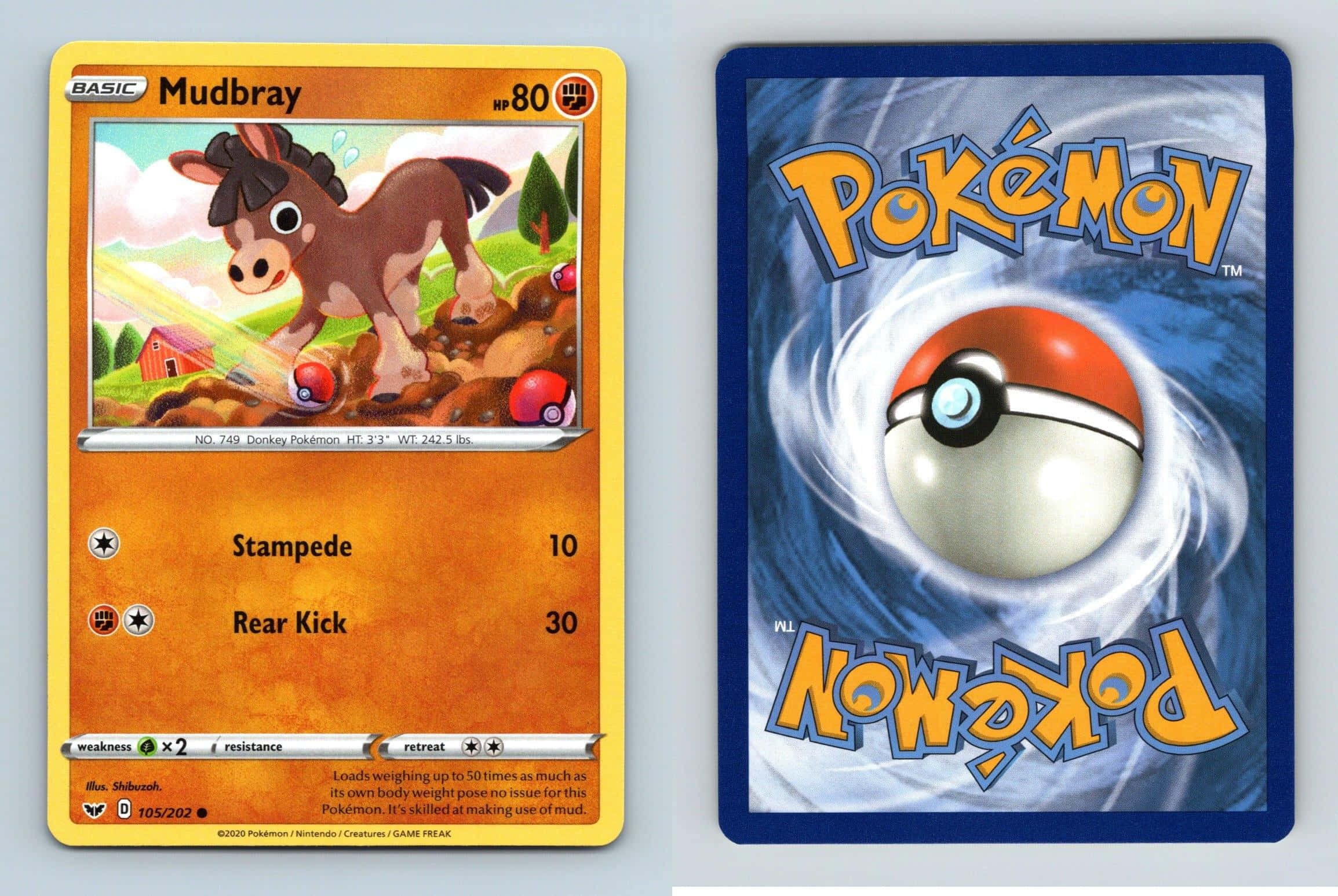 Pokemon Card 桌布 壁紙 — 兩張 Pokémon 卡並排，一張展示 Mudbray 在泥濘的田野中，另一張展示精靈球在藍色能量中旋轉。