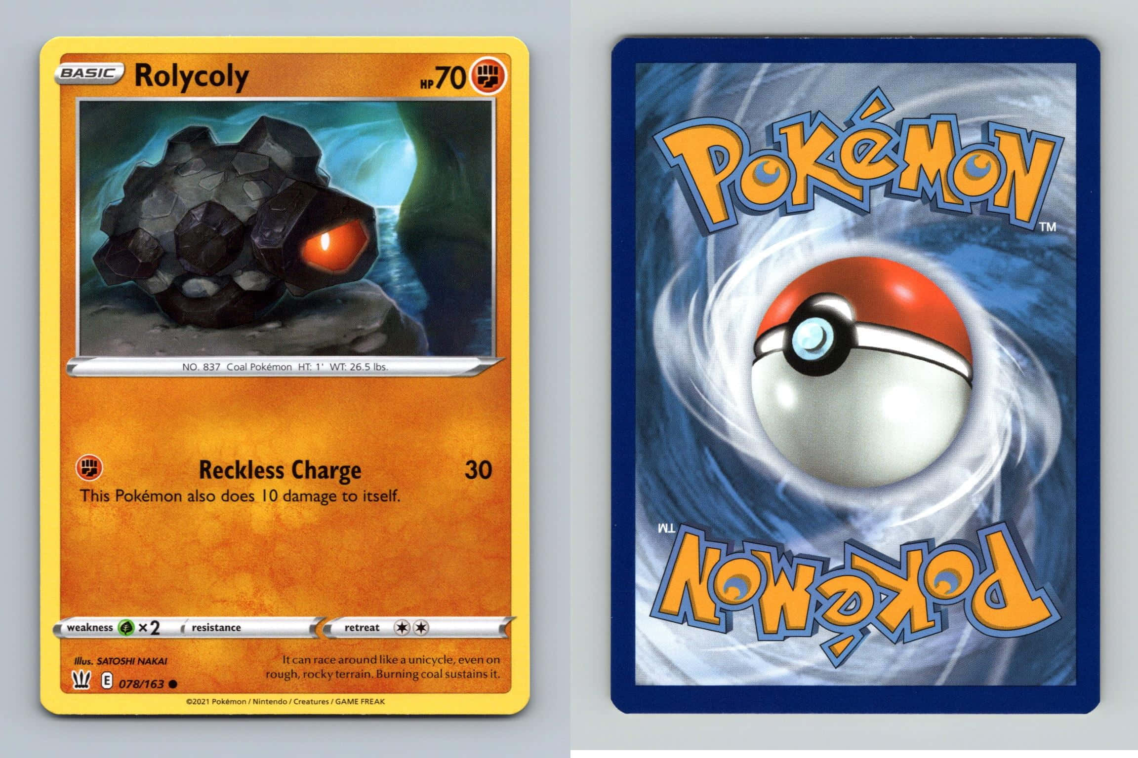 Cards 桌布 壁紙 — 兩張 Pokémon 卡並排展示，一張顯示帶有發光紅眼的 Rolycoly，另一張顯示在旋轉藍色能量中的精靈球。