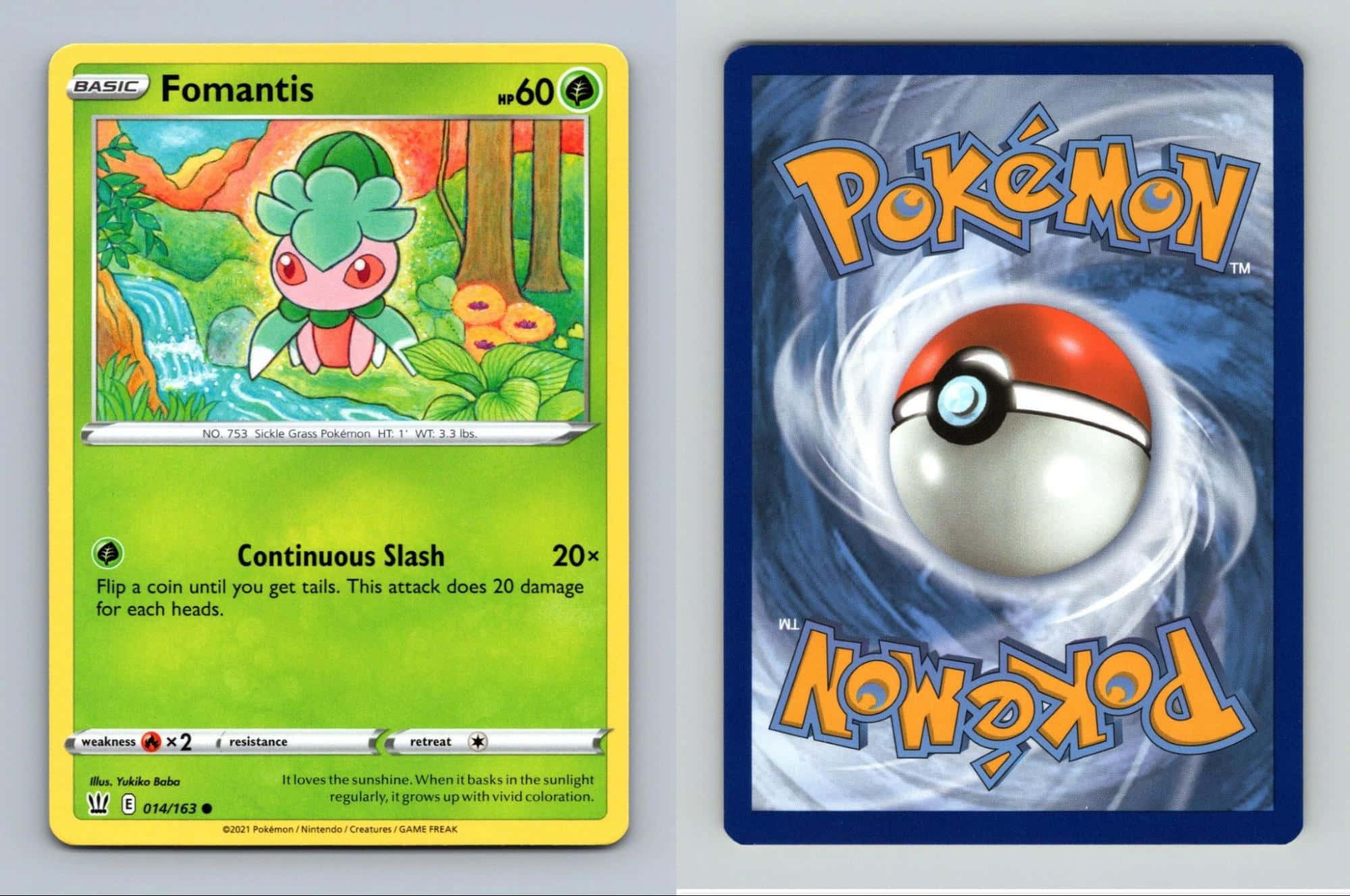 寶可夢 桌布 壁紙 — 兩張 Pokémon 卡並排展示，一張顯示森林場景中的僞螳草，另一張顯示旋轉藍色漩渦中的精靈球。