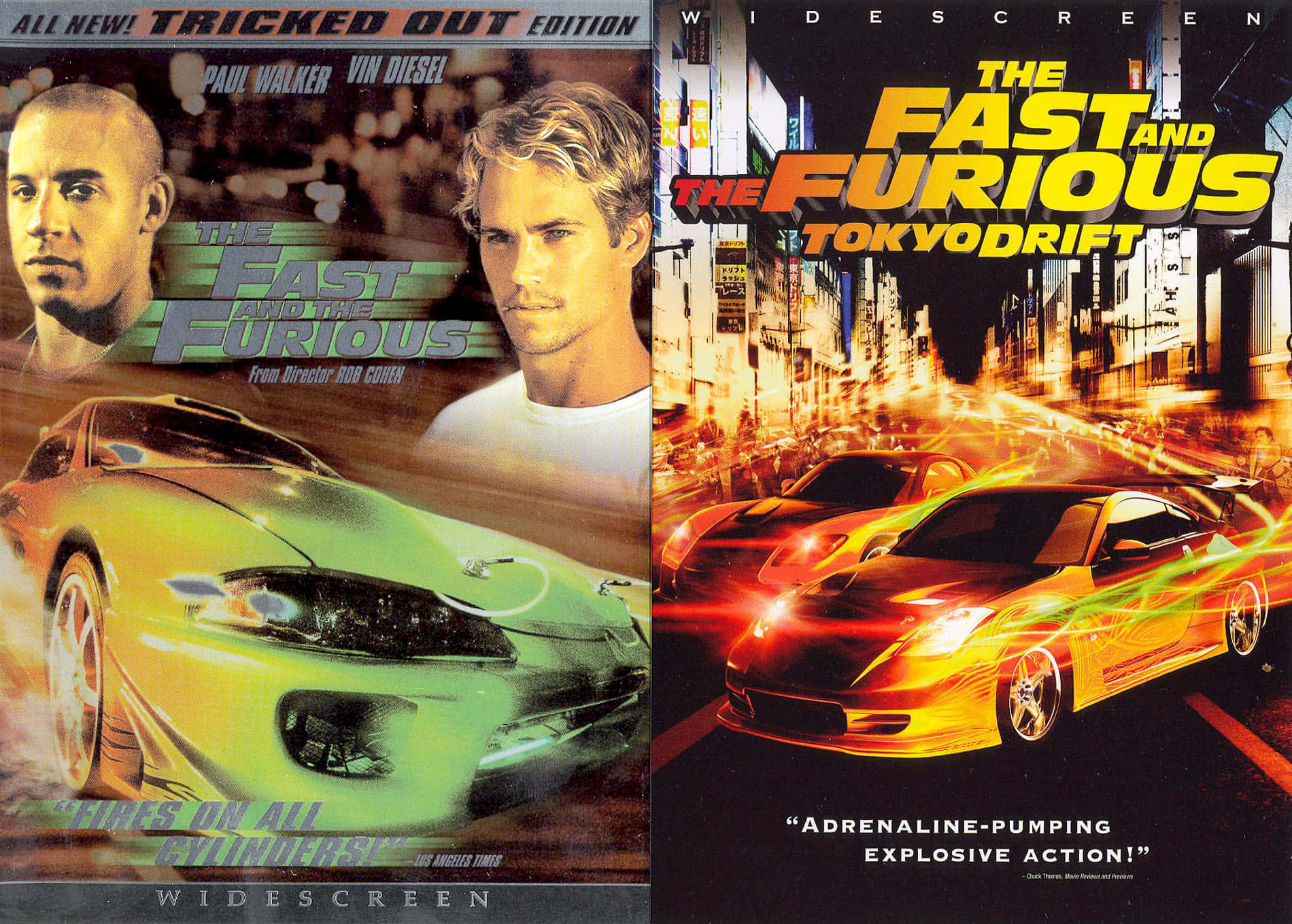 Fast And Furious 桌布 壁紙 — 兩張《玩命關頭》及《玩命關頭：東京甩尾》的電影海報， featuring Paul Walker 和 Vin Diesel，發光的跑車在夜晚霓虹燈照亮的城市街道上飛馳。