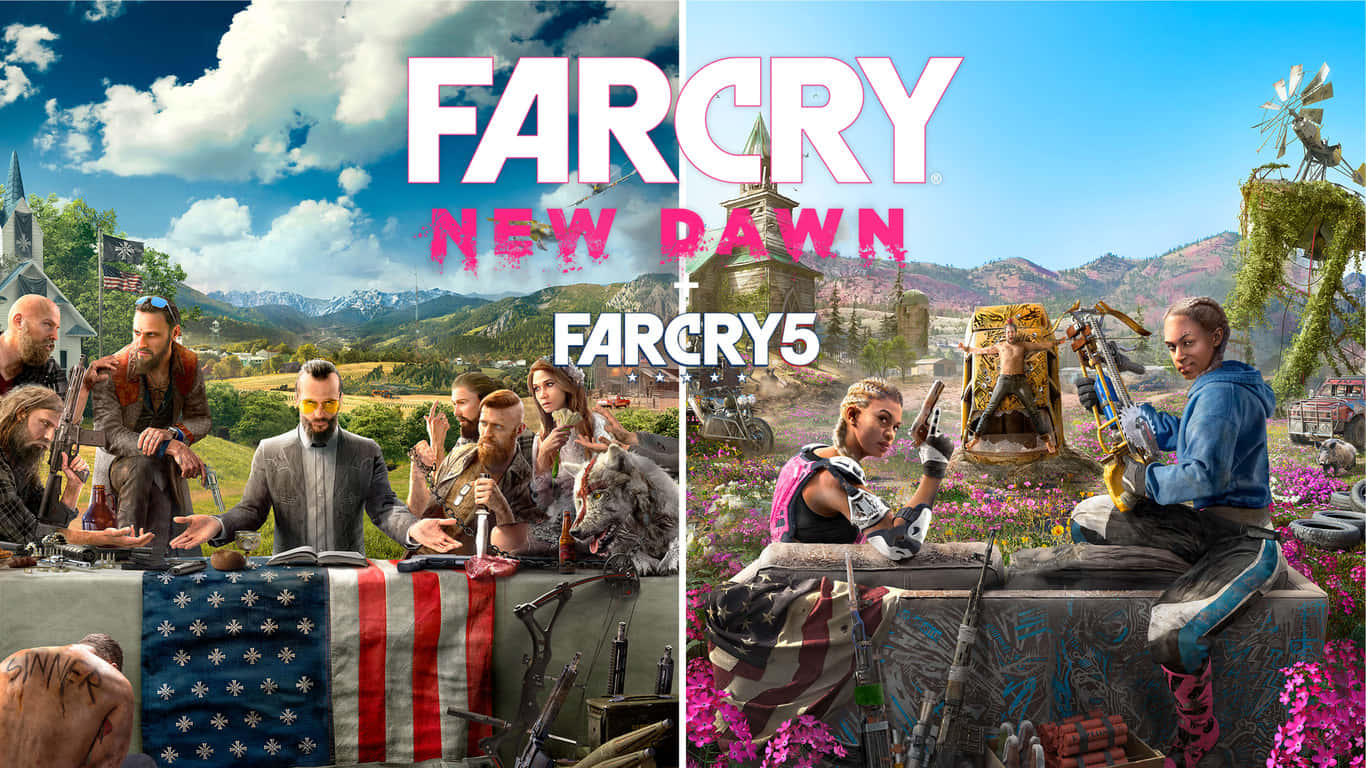 1366x768 Far Cry New Dawn 桌布 壁紙 — 兩張Far Cry遊戲封面展示武裝角色在充滿活力的戶外環境中，背景有山脈和美國國旗。