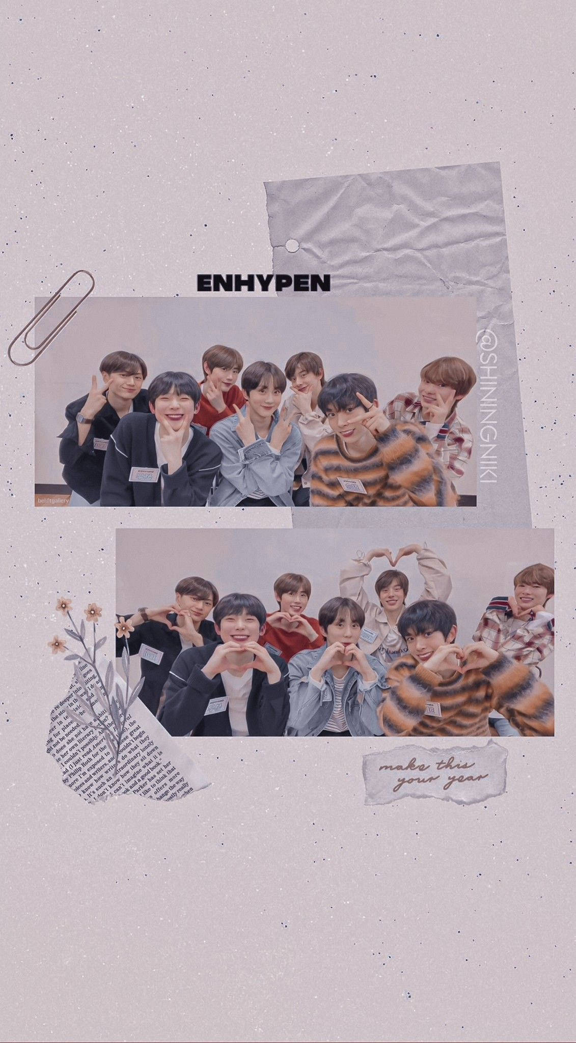 Enhypen Aesthetic 桌布 壁紙 — 兩張K-pop組合ENHYPEN在紋理紙背景上開心擺出心形手勢的照片拼貼。