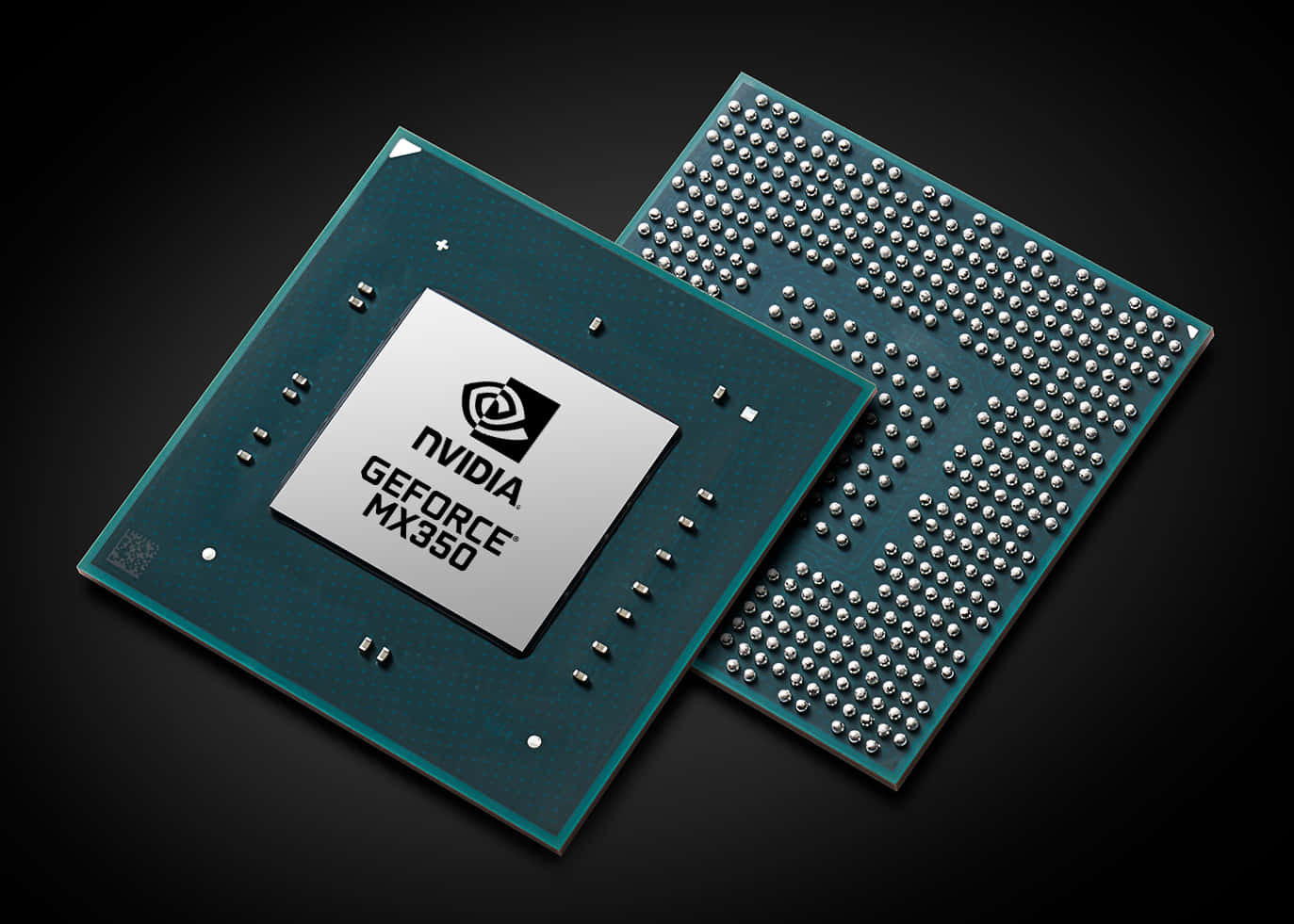 nvidia 桌布 壁紙 — 兩張NVIDIA GeForce MX350顯示卡以傾斜角度放置在黑色背景上，展示金屬焊球和青綠色電路。