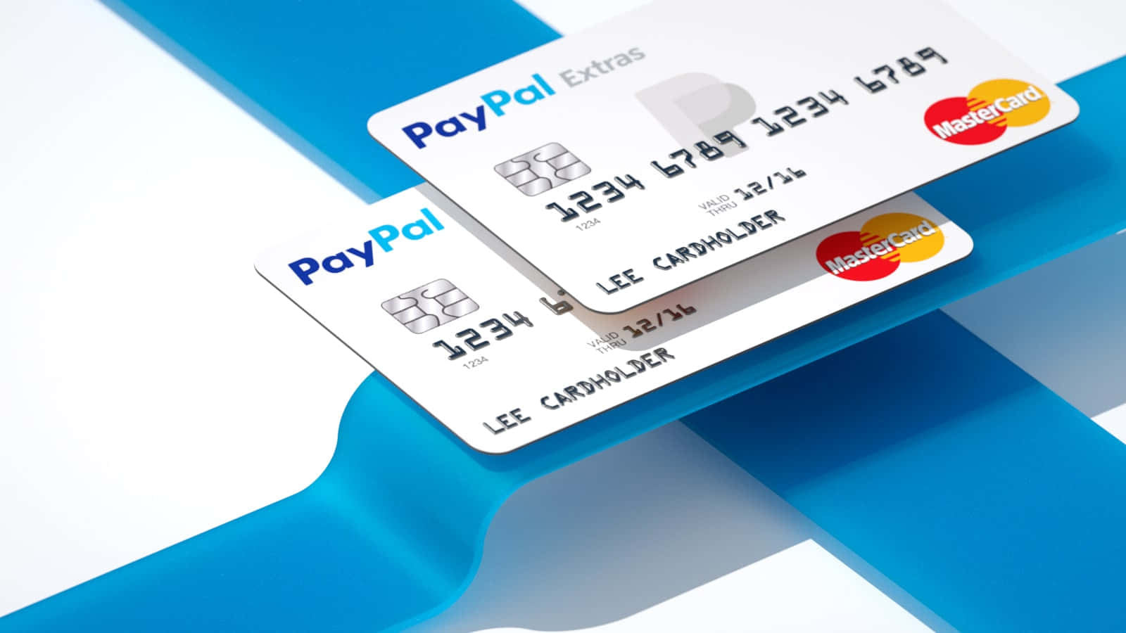 PayPal 桌布 壁紙 — 兩張PayPal Mastercard信用卡以對角線方式放置在時尚的藍白抽象表面上。
