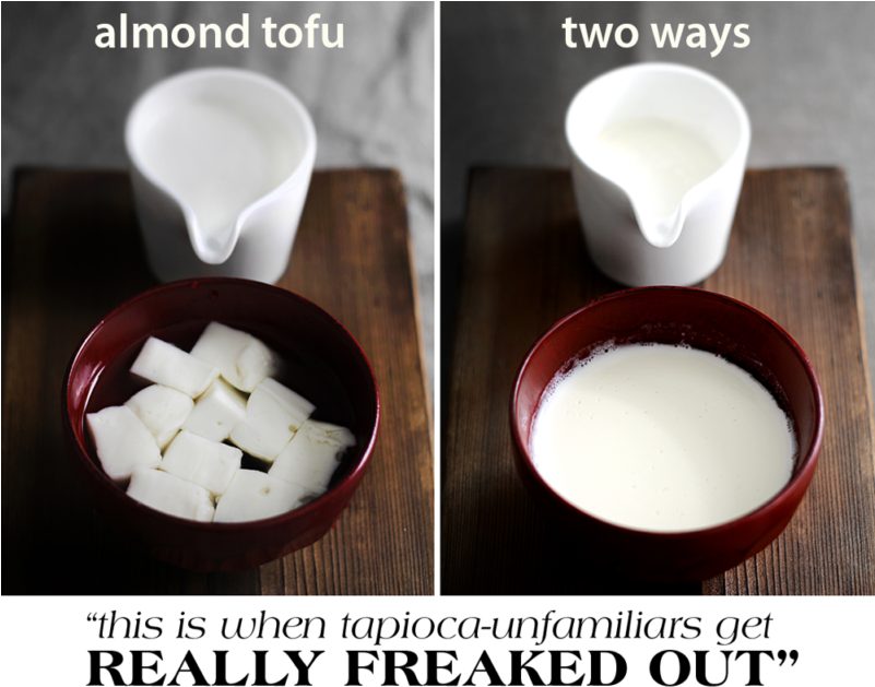 tofu 桌布 壁紙 — 兩張並排的照片顯示紅色碗中的杏仁豆腐：一張是液體中的立方體，另一張是光滑的牛奶狀稠度。