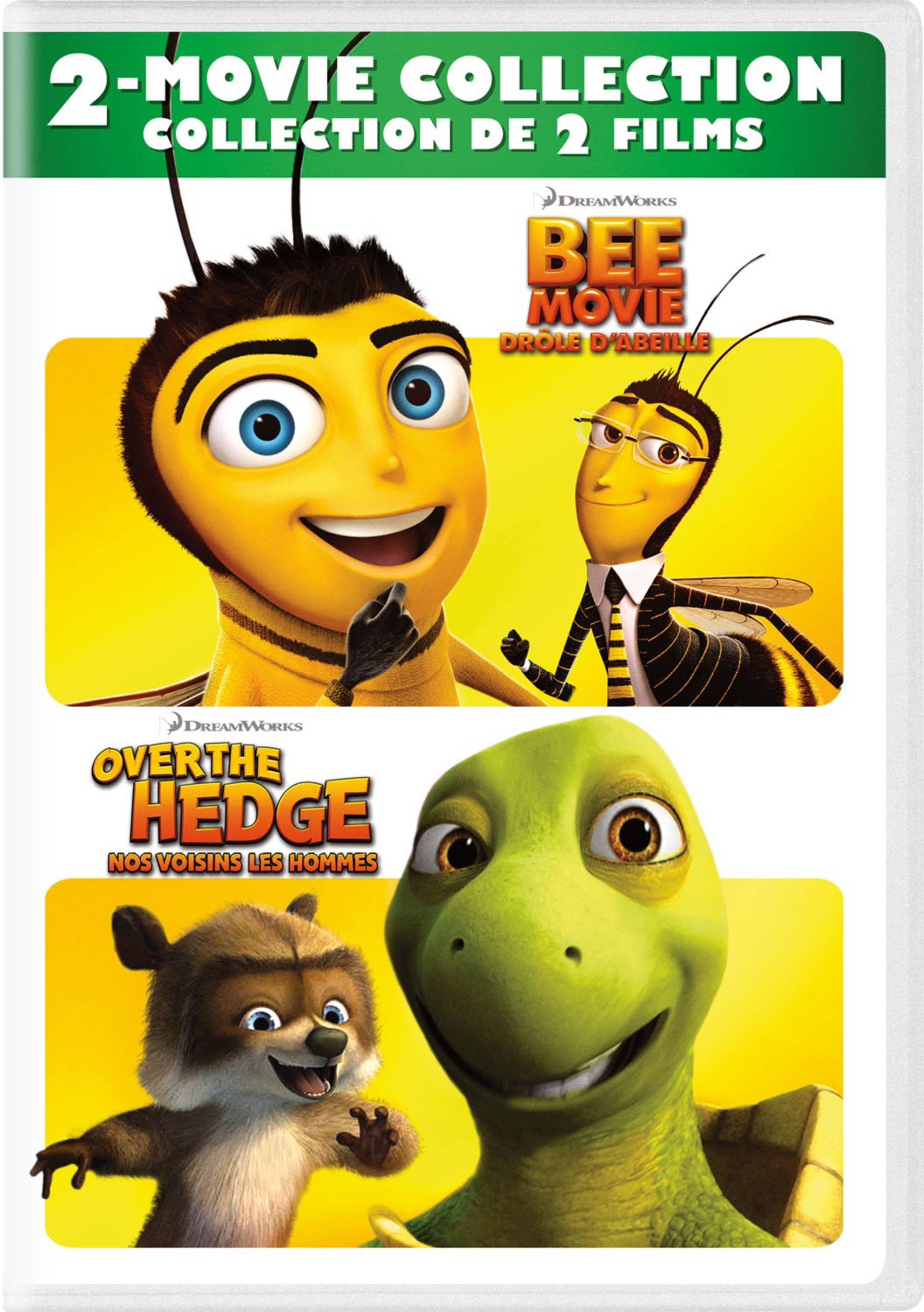 Over The Hedge 桌布 壁紙 — 兩張動畫電影封面，以 Bee Movie 的蜜蜂角色和 Over the Hedge 的浣熊和烏龜為特色，背景為亮黃色。