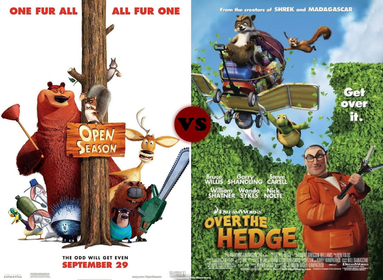Over The Hedge 桌布 壁紙 — 兩張動畫電影海報並排，展示森林動物和一個身穿橙色外套、手持電鋸的男人。