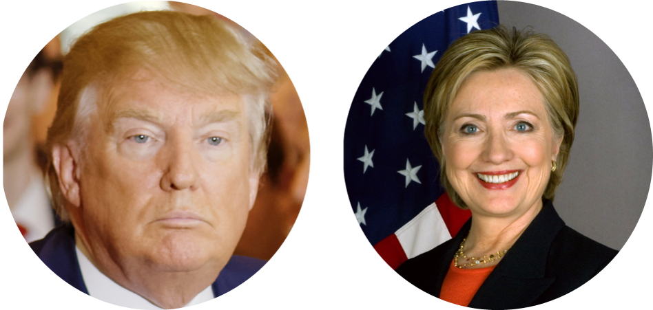 hillary 桌布 壁紙 — 兩張圓形肖像照片，分別是唐納德·川普和希拉蕊·柯林頓，背景為黑色。