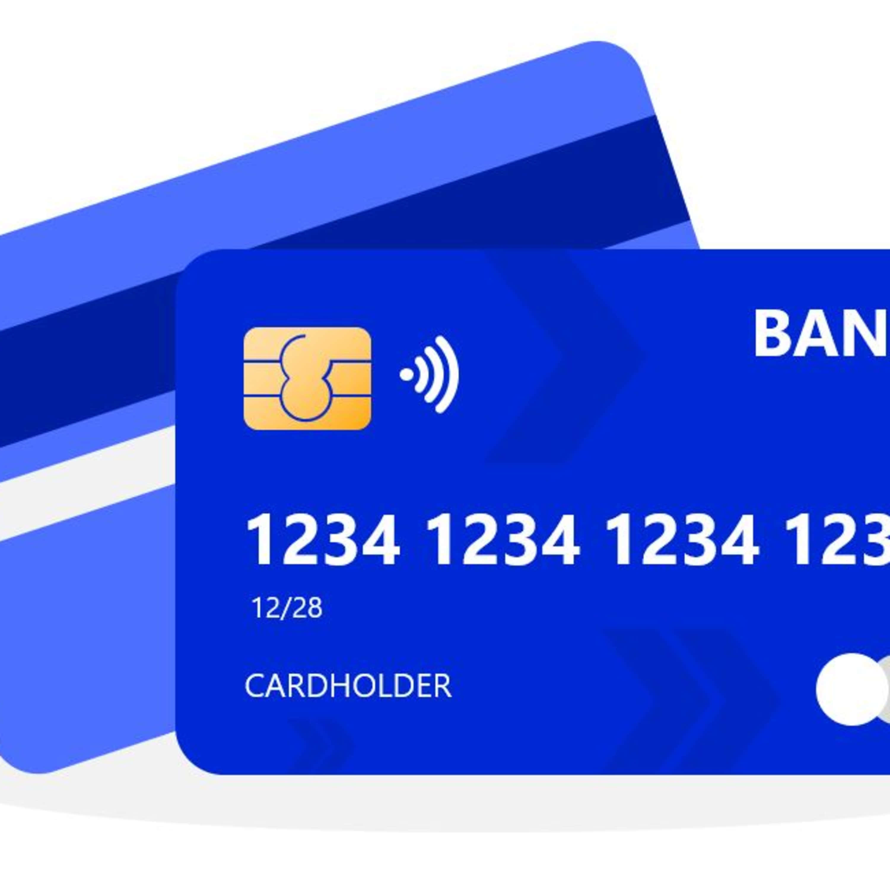 Bank Of America 桌布 壁紙 — 兩張帶有晶片和非接觸式符號的藍色信用卡，以清晰的數位插圖顯示。