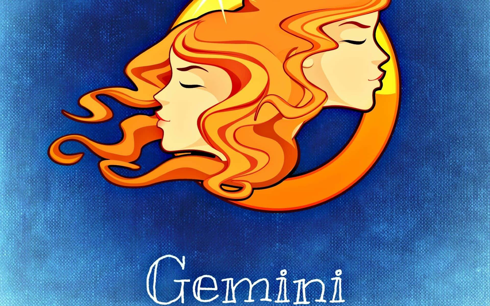 gemini 桌布 壁紙 — 兩張平靜的臉龐，飄逸的橙色頭髮，在紋理藍色背景上的新月內融合在一起。