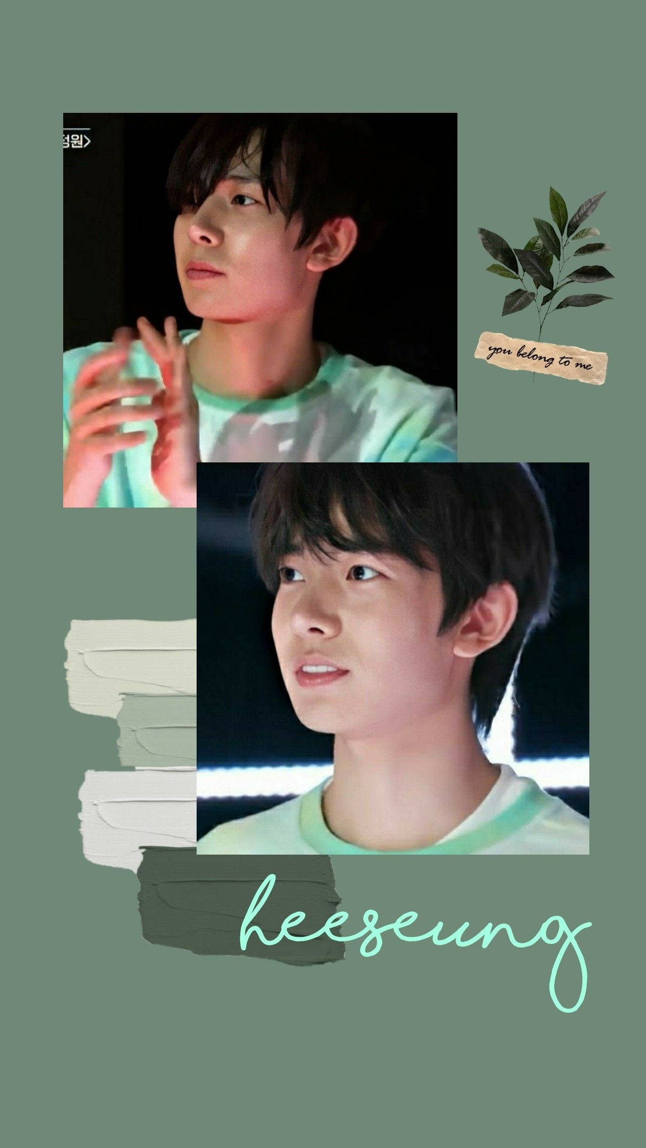 Kpop Aesthetic 桌布 壁紙 — 兩張年輕男子身穿淺綠色襯衫的肖像照片，背景為柔和的綠色，帶有植物和文字點綴。