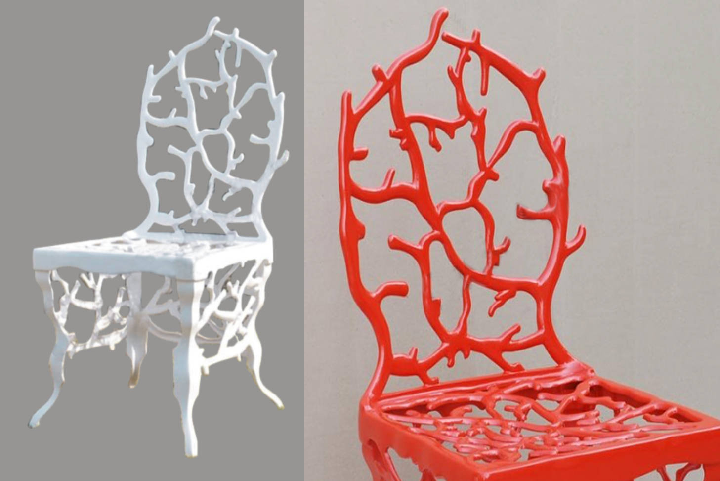 chair 桌布 壁紙 — 兩張形狀像珊瑚枝的椅子，一張白色一張紅色，放在純色背景前。