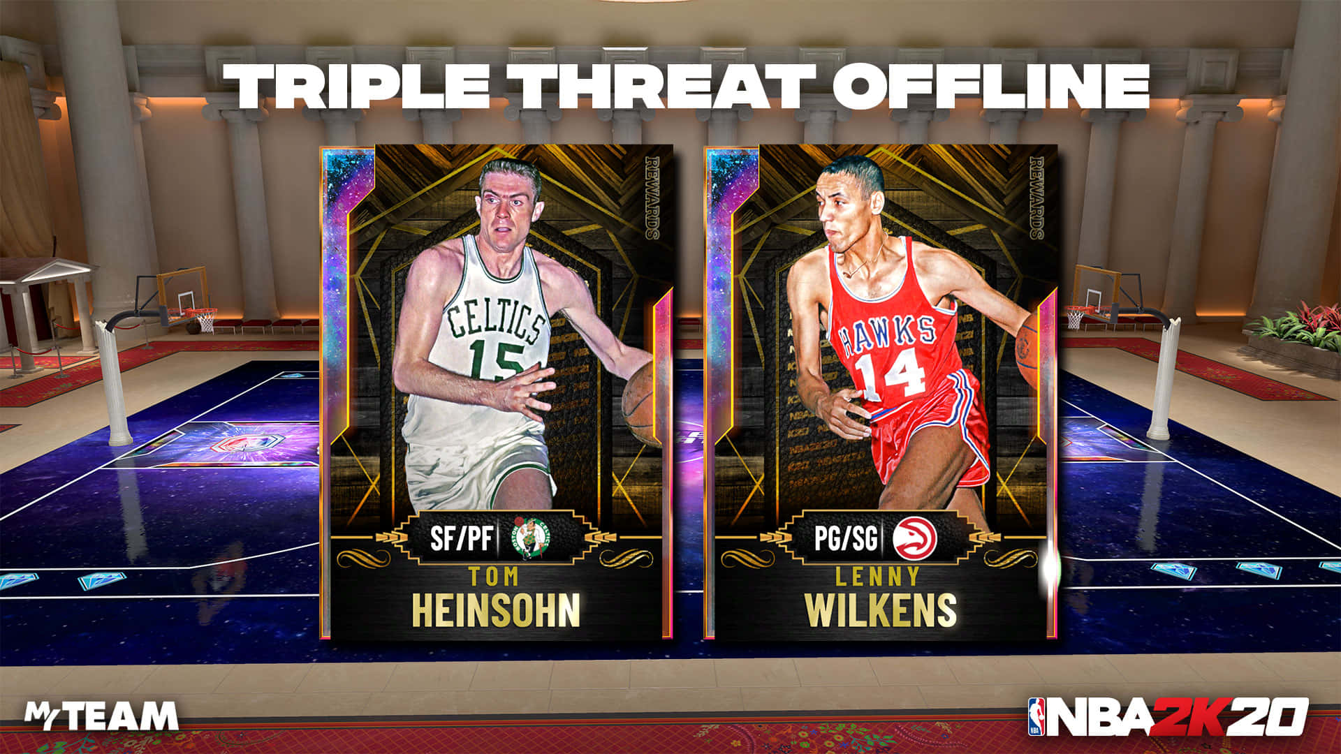 video games 桌布 壁紙 — 兩張復古NBA球員卡， featuring Tom Heinsohn 和 Lenny Wilkens，顯示在數位交易卡遊戲介面中。