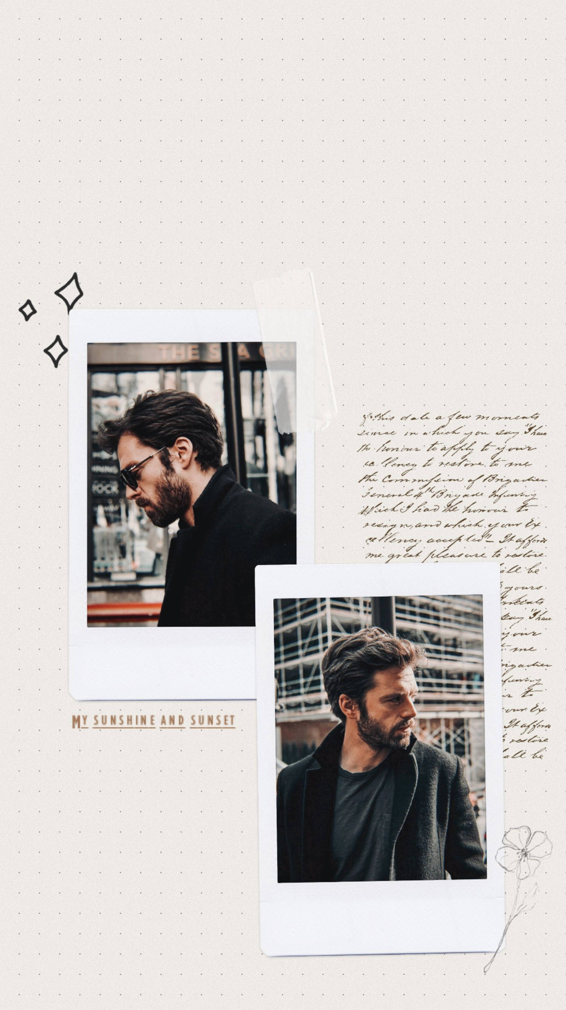 Sebastian 桌布 壁紙 — 兩張拍立得照片，一個留鬍鬚的男人戴著太陽眼鏡和外套，疊加在手寫文字和花卉塗鴉上，背景是點狀。